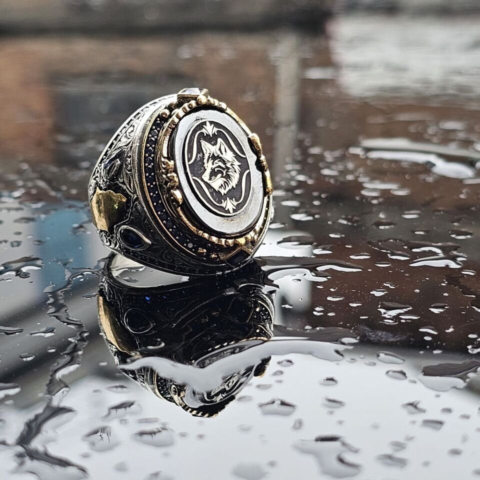 925 Ayar Gümüş Bozkurt işlemeli erkek yüzük