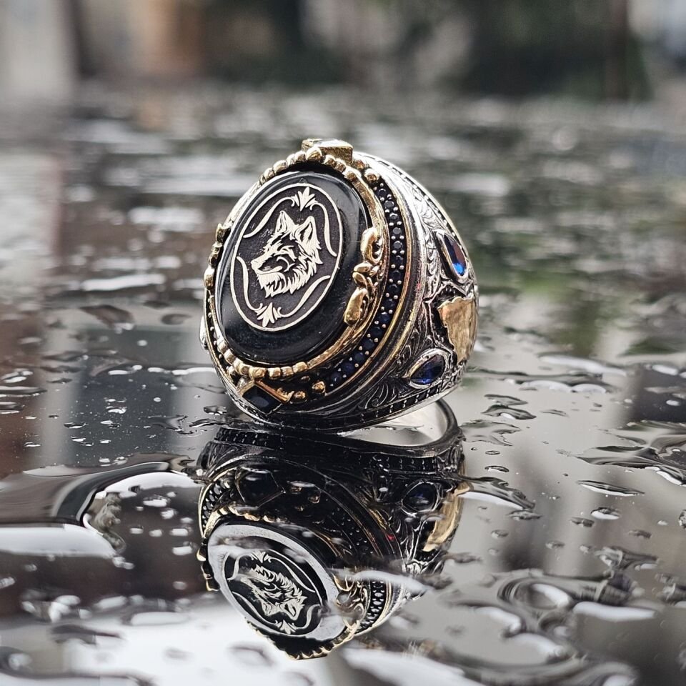 925 Ayar Gümüş Bozkurt işlemeli erkek yüzük