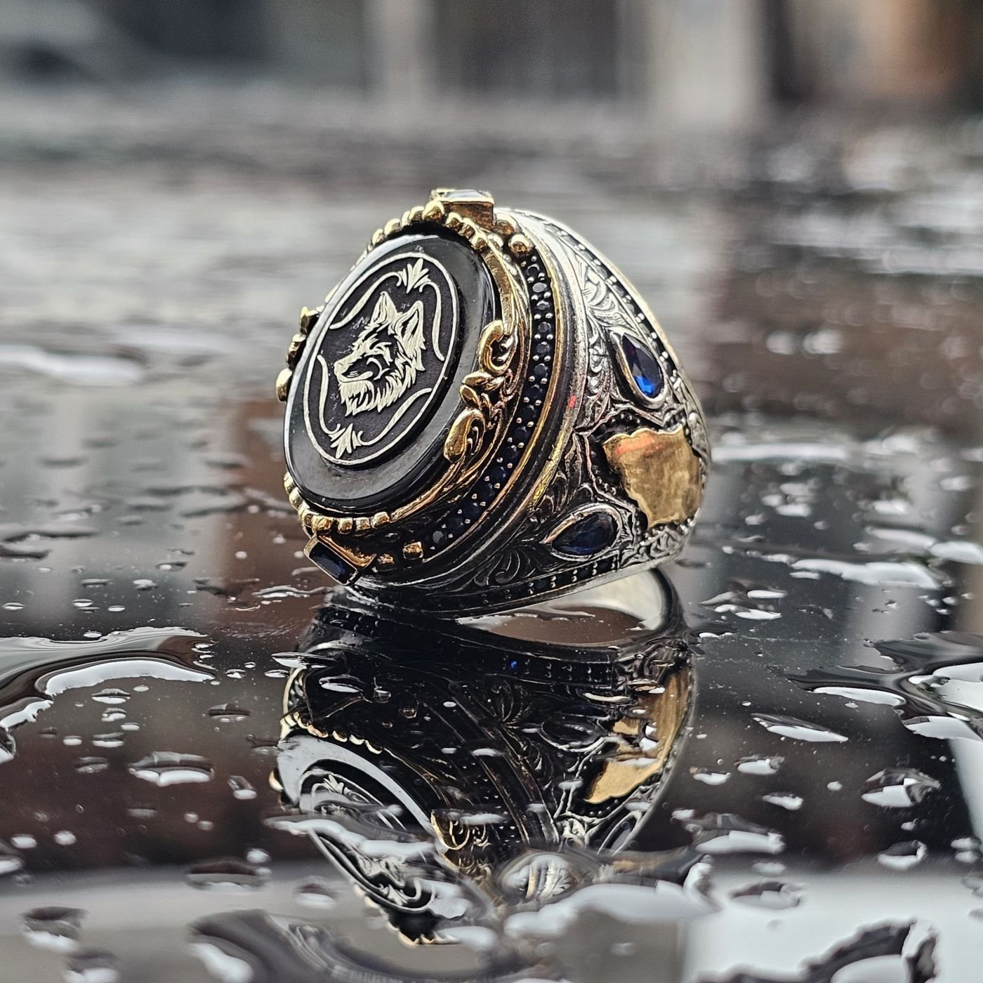 925 Ayar Gümüş Bozkurt işlemeli erkek yüzük