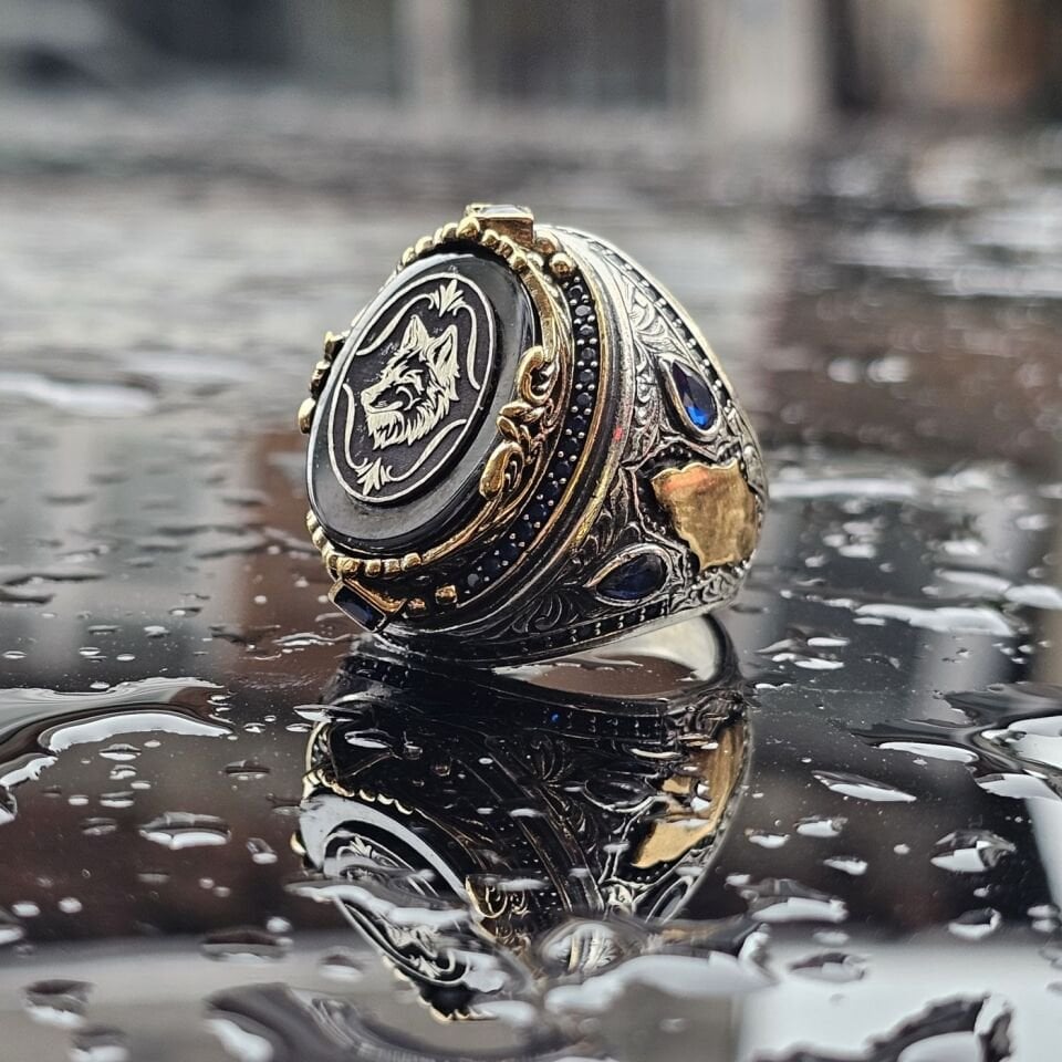 925 Ayar Gümüş Bozkurt işlemeli erkek yüzük