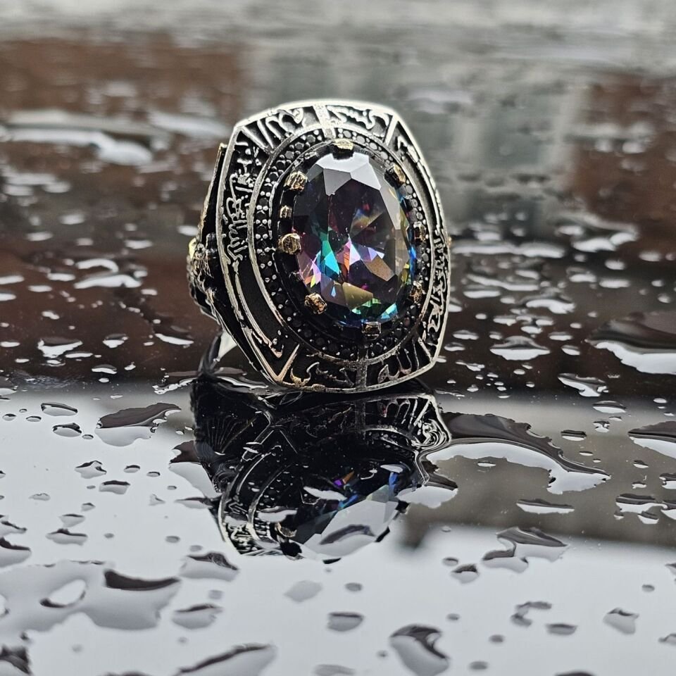 925 Ayar Gümüş Mistik Topaz taşlı Dua işlemeli erkek yüzük