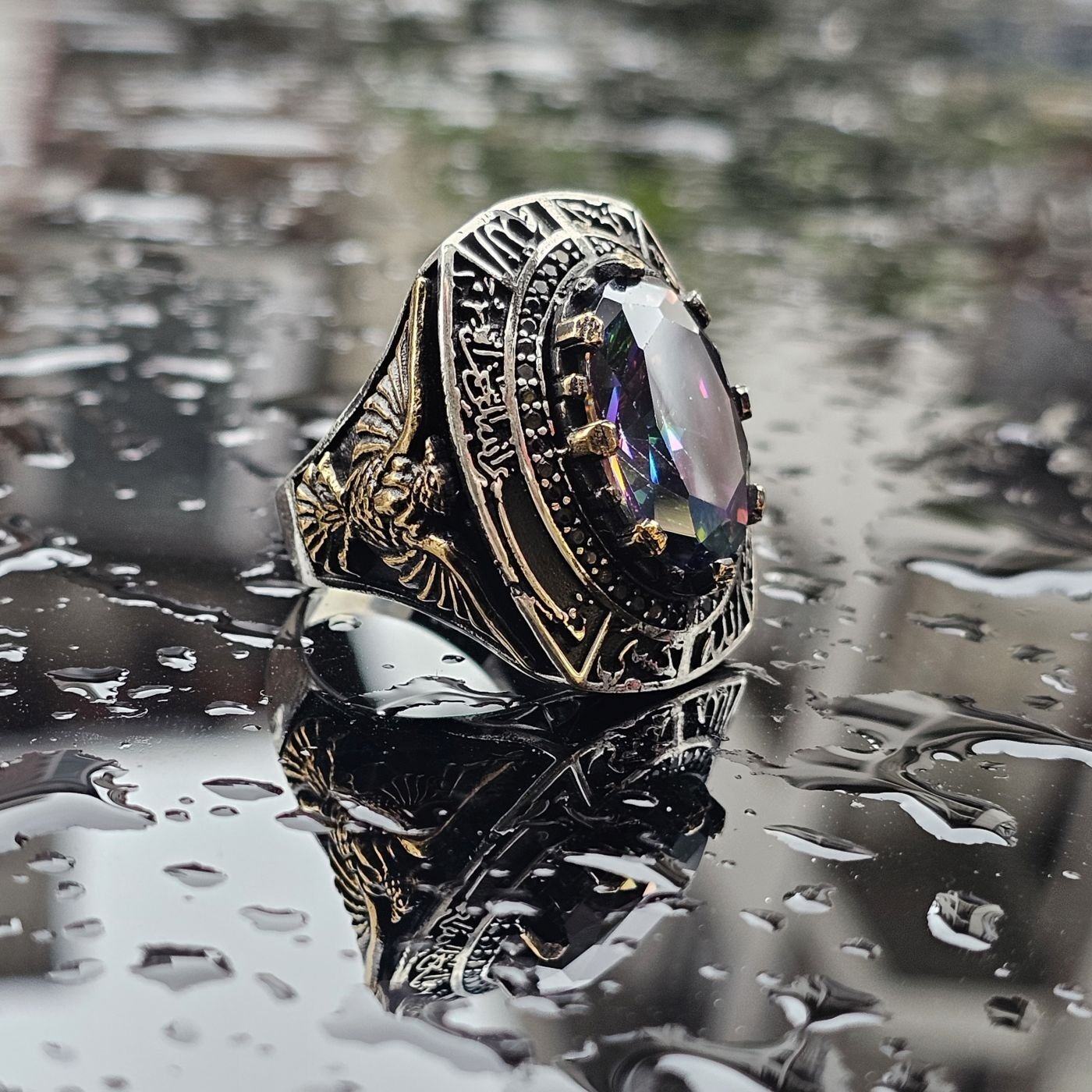 925 Ayar Gümüş Mistik Topaz taşlı Dua işlemeli erkek yüzük