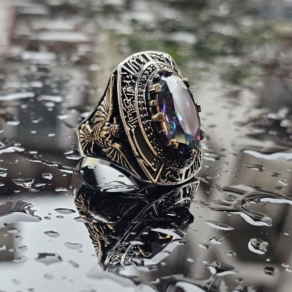 925 Ayar Gümüş Mistik Topaz taşlı Dua işlemeli erkek yüzük