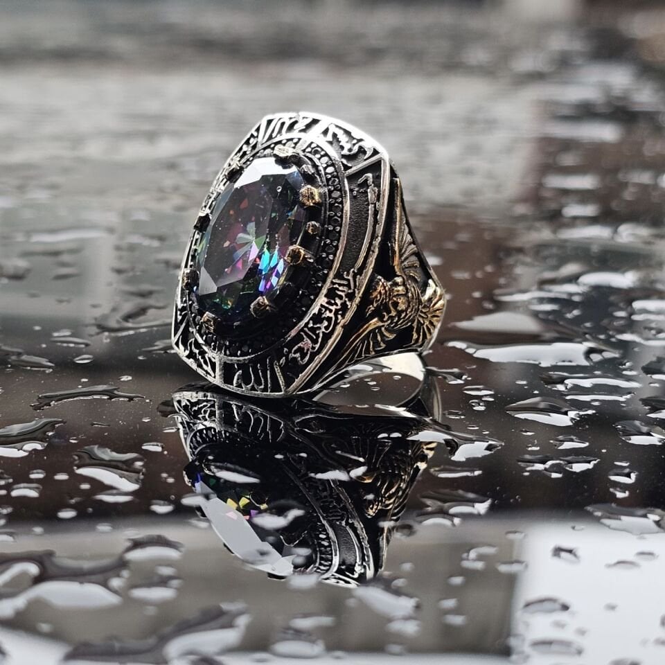 925 Ayar Gümüş Mistik Topaz taşlı Dua işlemeli erkek yüzük