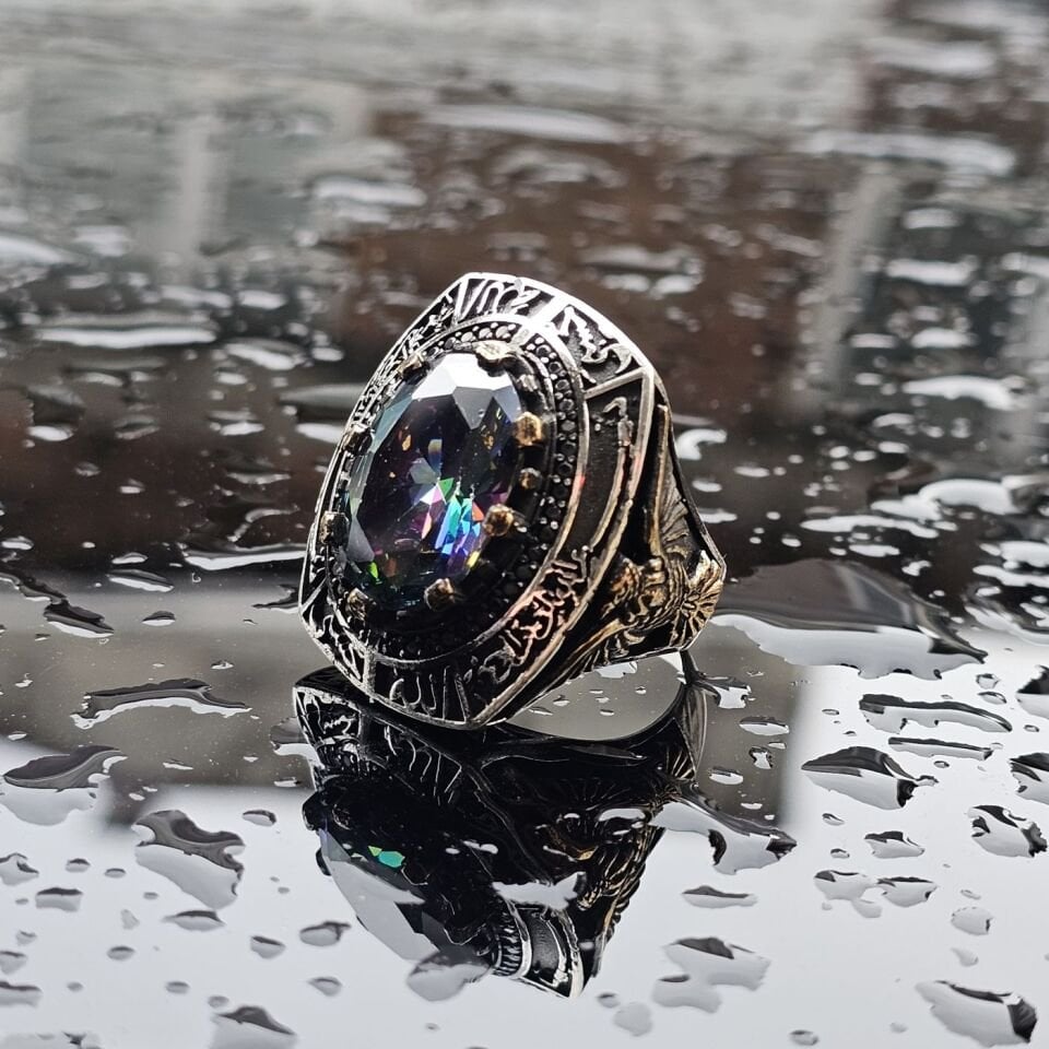 925 Ayar Gümüş Mistik Topaz taşlı Dua işlemeli erkek yüzük