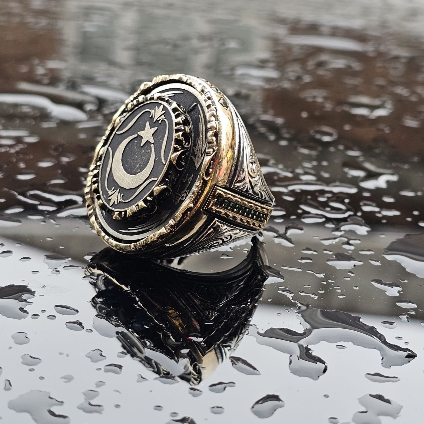 925 Ayar Gümüş Ay Yıldız işlemeli çerçevesinde HASBİALLAH yazılı Üst Düzey Erkek Yüzük