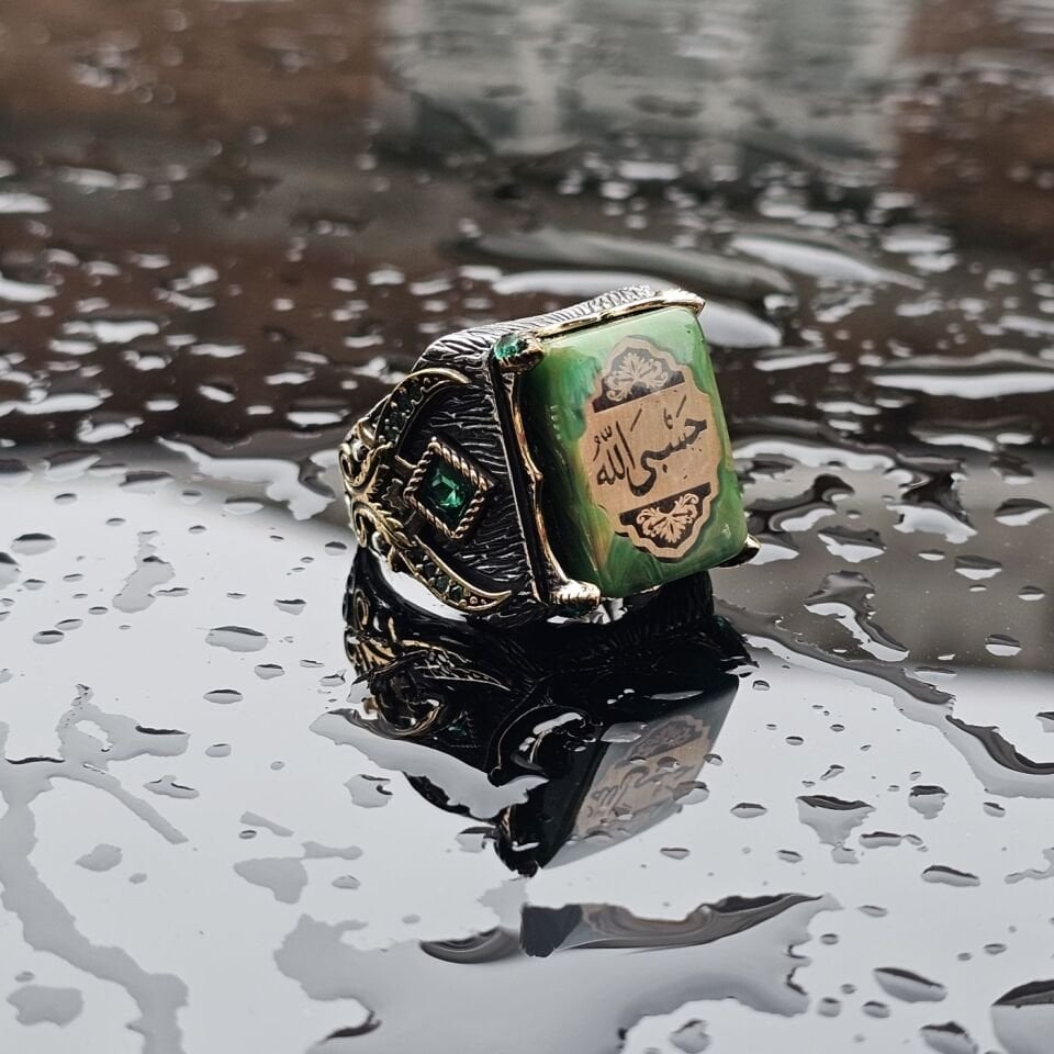 925 Ayar Gümüş Sıkma Kehribar taşlı HASBİALLAH yazılı Erkek Yüzük