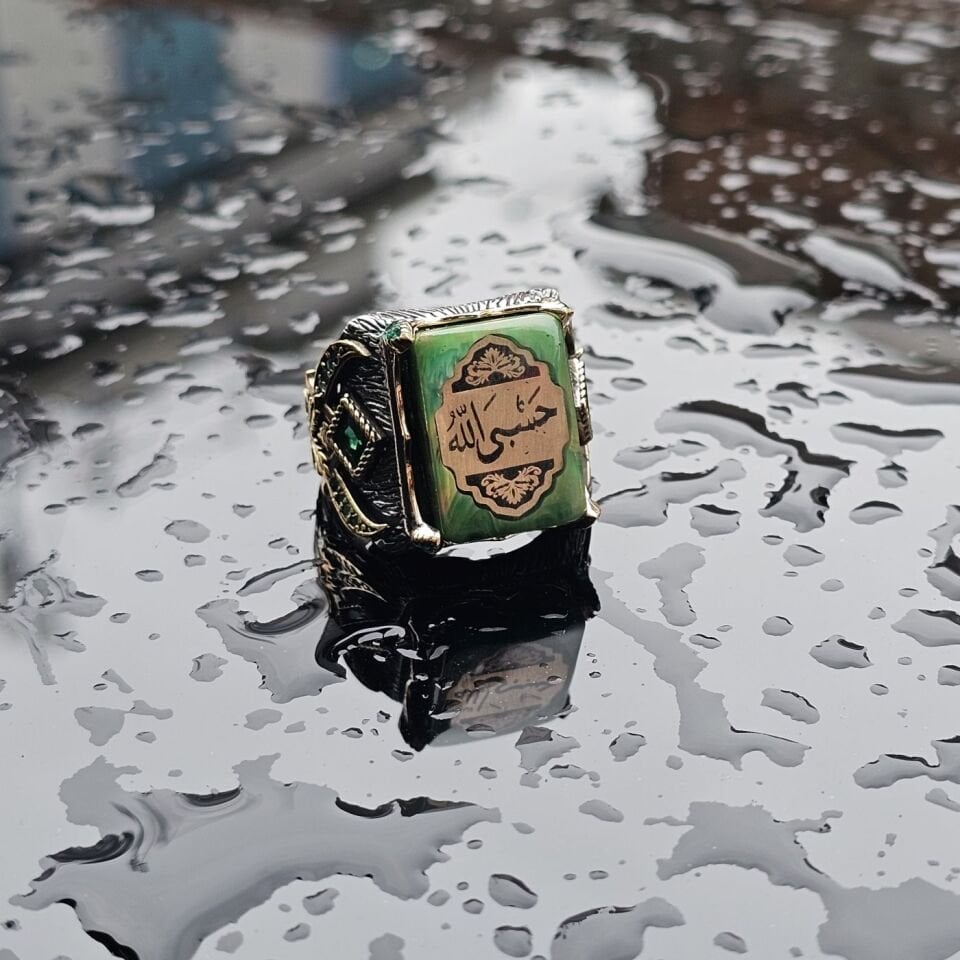 925 Ayar Gümüş Sıkma Kehribar taşlı HASBİALLAH yazılı Erkek Yüzük