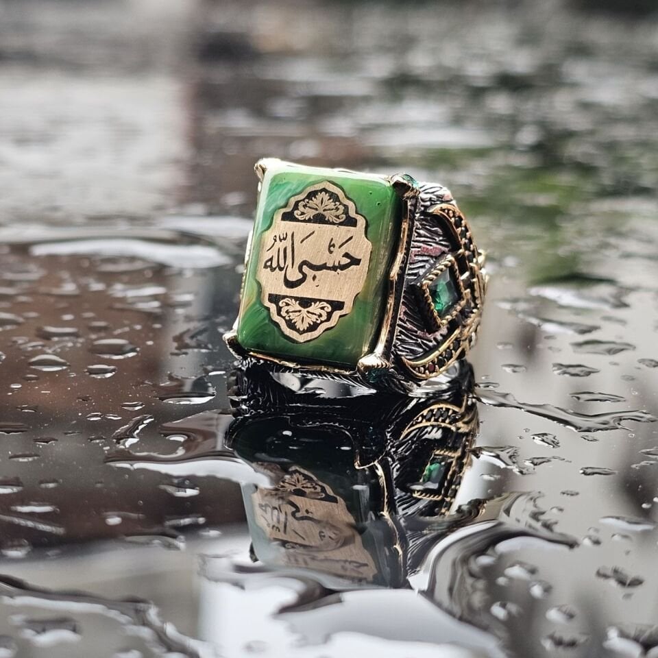 925 Ayar Gümüş Sıkma Kehribar taşlı HASBİALLAH yazılı Erkek Yüzük