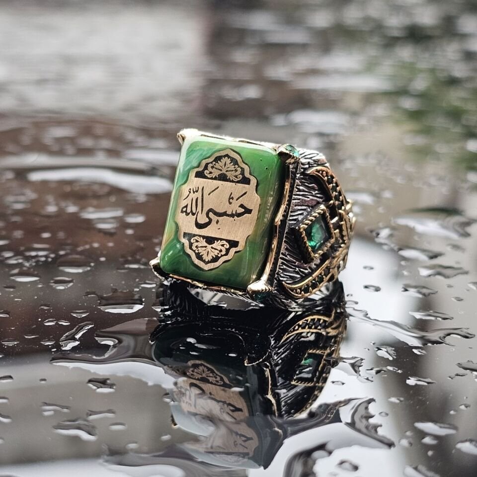 925 Ayar Gümüş Sıkma Kehribar taşlı HASBİALLAH yazılı Erkek Yüzük