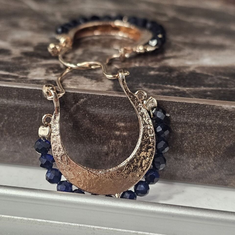 925 Ayar Gümüş Rose kaplama Ay Modeli Lacivert Zirkon taşlı El işi Tasarım Kadın Küpe