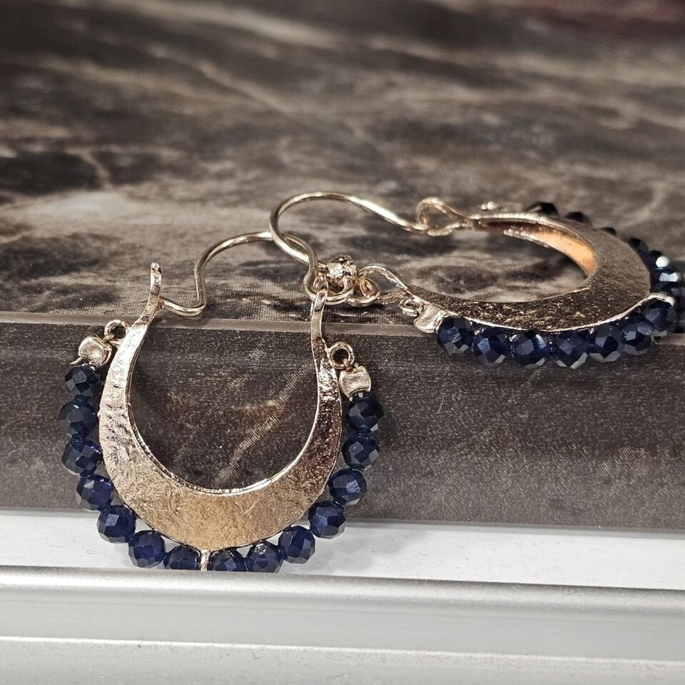 925 Ayar Gümüş Rose kaplama Ay Modeli Lacivert Zirkon taşlı El işi Tasarım Kadın Küpe