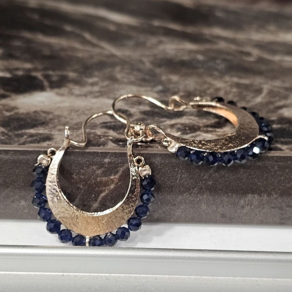 925 Ayar Gümüş Rose kaplama Ay Modeli Lacivert Zirkon taşlı El işi Tasarım Kadın Küpe