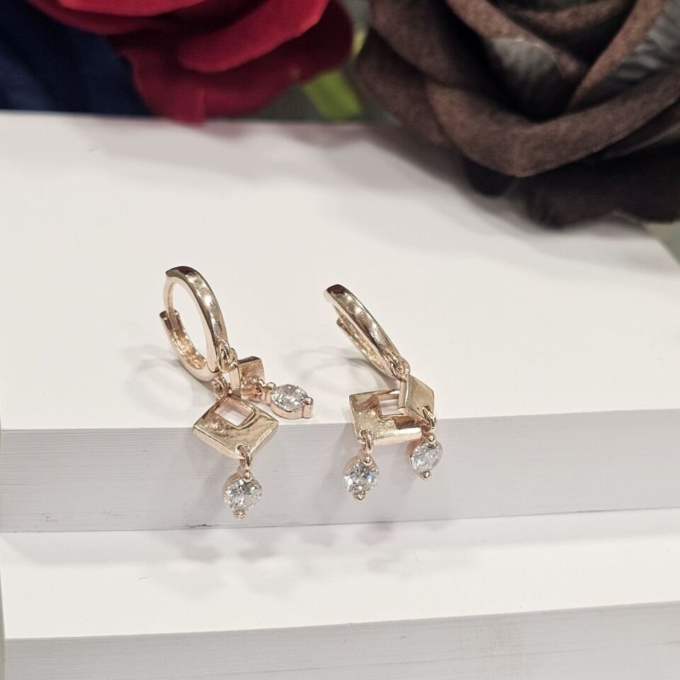 925 Ayar Gümüş Rose Kaplama Damla taşlı  Kadın Halka Küpe