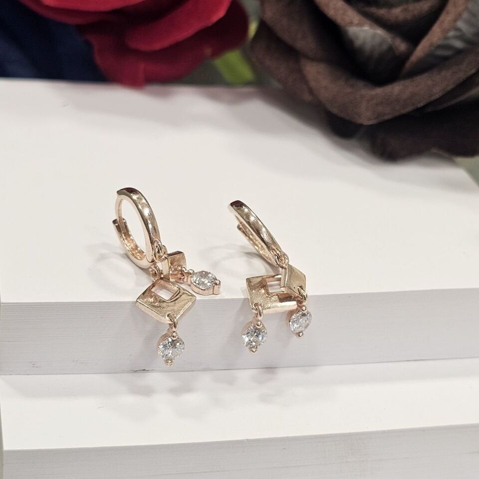 925 Ayar Gümüş Rose Kaplama Damla taşlı  Kadın Halka Küpe