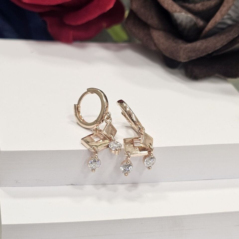 925 Ayar Gümüş Rose Kaplama Damla taşlı  Kadın Halka Küpe