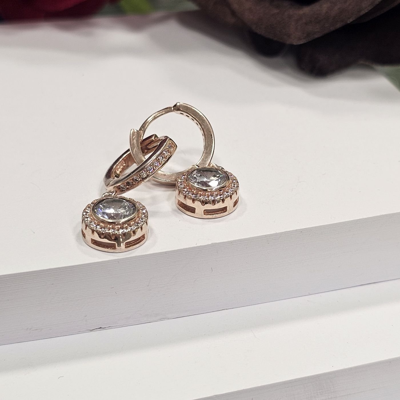 925 Ayar Gümüş Rose Kaplama taşlı  Kadın Halka Küpe