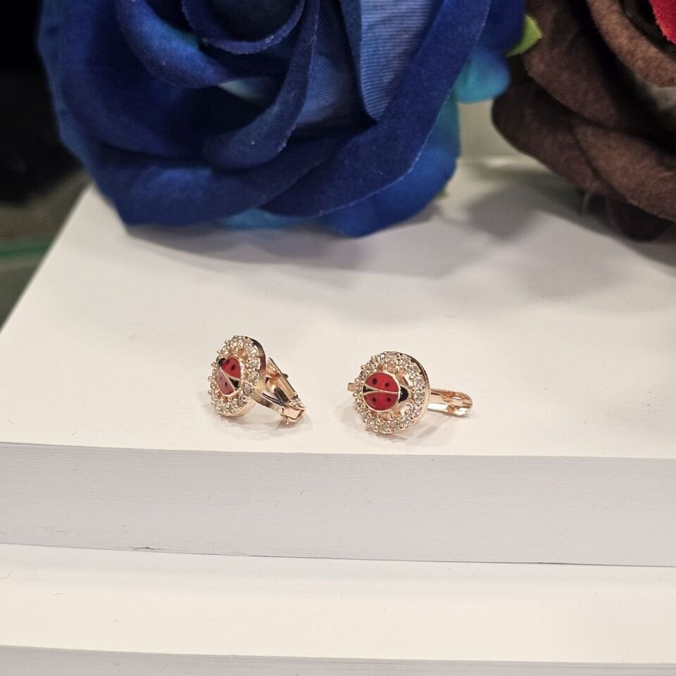 925 Ayar Gümüş Rose Kaplama Uğur Böceği Model Margazit taş işlemeli  Çocuk Küpe