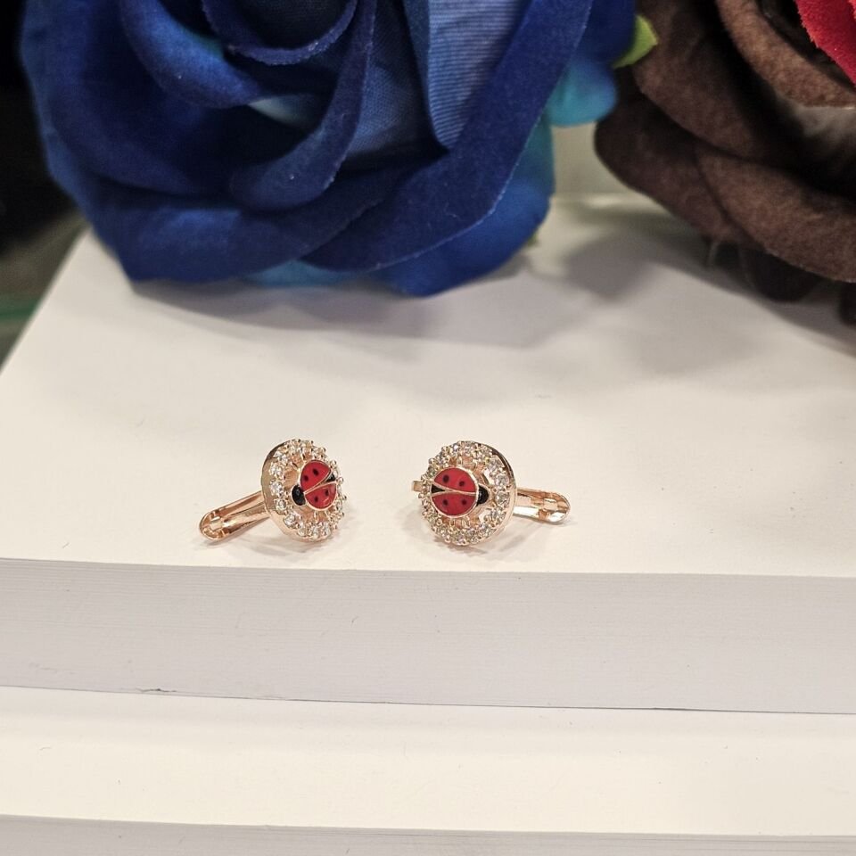 925 Ayar Gümüş Rose Kaplama Uğur Böceği Model Margazit taş işlemeli  Çocuk Küpe