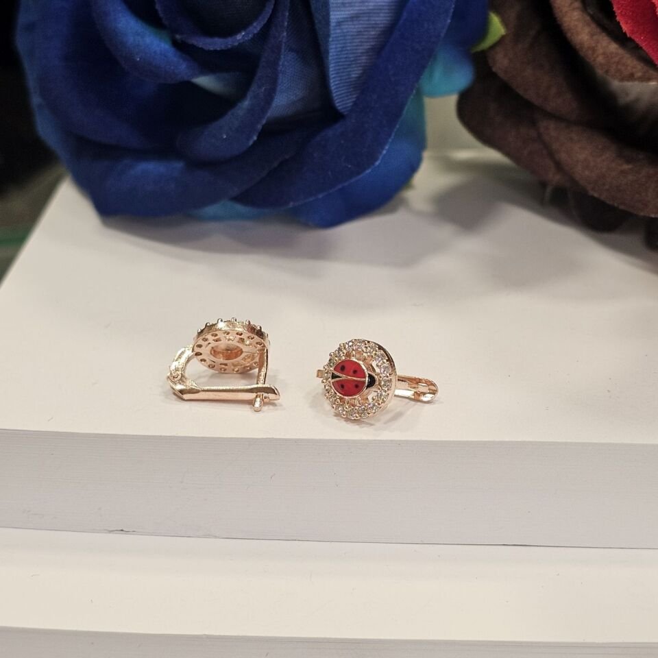 925 Ayar Gümüş Rose Kaplama Uğur Böceği Model Margazit taş işlemeli  Çocuk Küpe