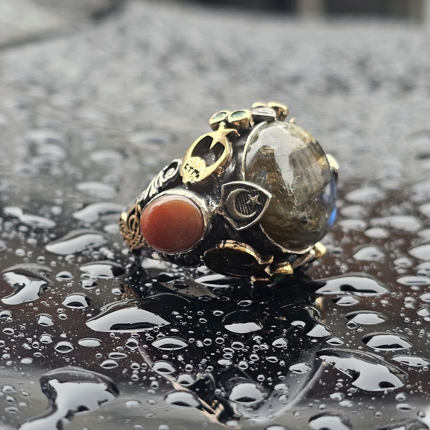 Orjinal Labradorit Taşlı Akik Taş işlemeli Usta işi Koleksiyoner 925 Ayar Erkek Gümüş Yüzük