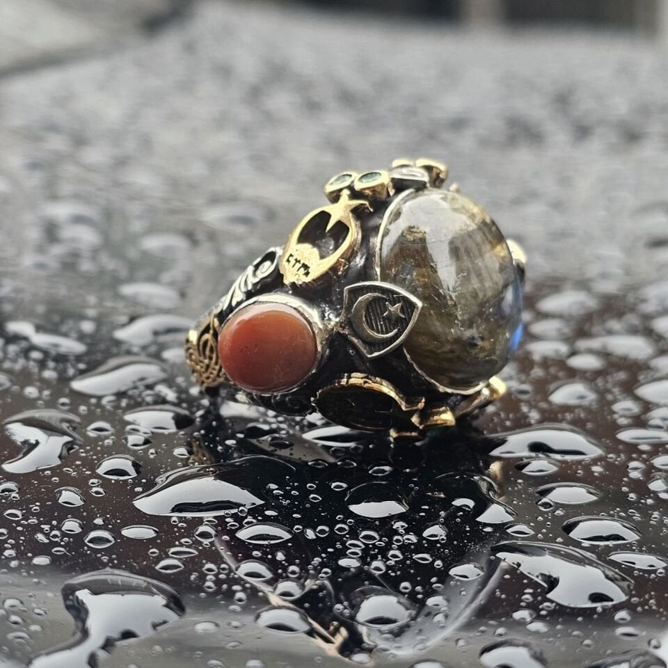 Orjinal Labradorit Taşlı Akik Taş işlemeli Usta işi Koleksiyoner 925 Ayar Erkek Gümüş Yüzük