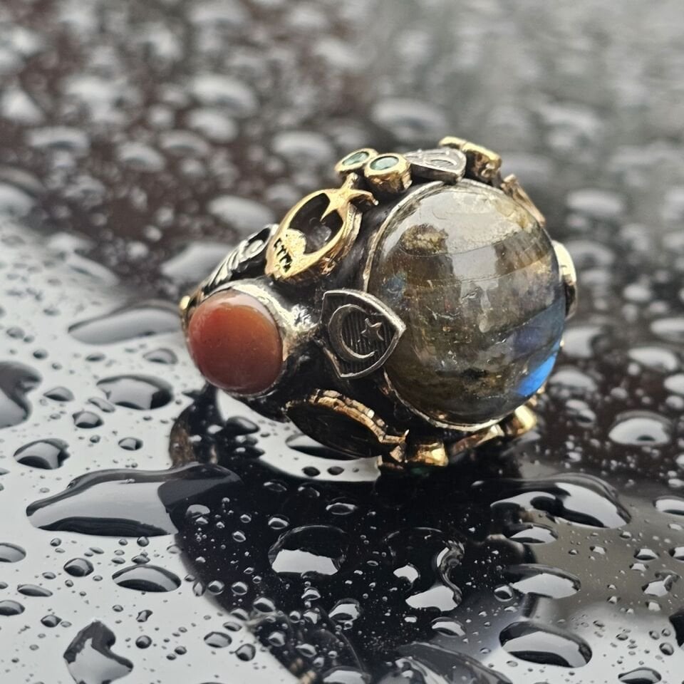 Orjinal Labradorit Taşlı Akik Taş işlemeli Usta işi Koleksiyoner 925 Ayar Erkek Gümüş Yüzük