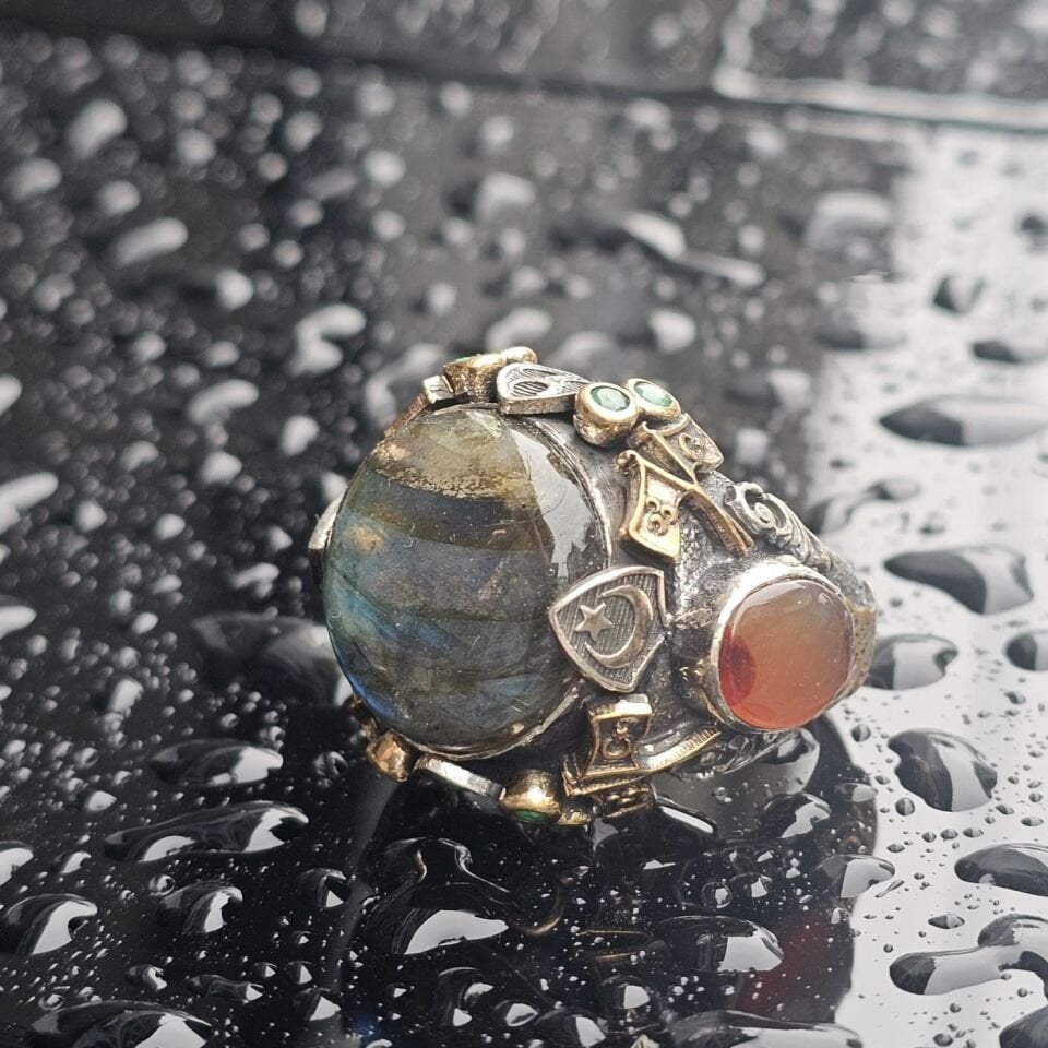 Orjinal Labradorit Taşlı Akik Taş işlemeli Usta işi Koleksiyoner 925 Ayar Erkek Gümüş Yüzük