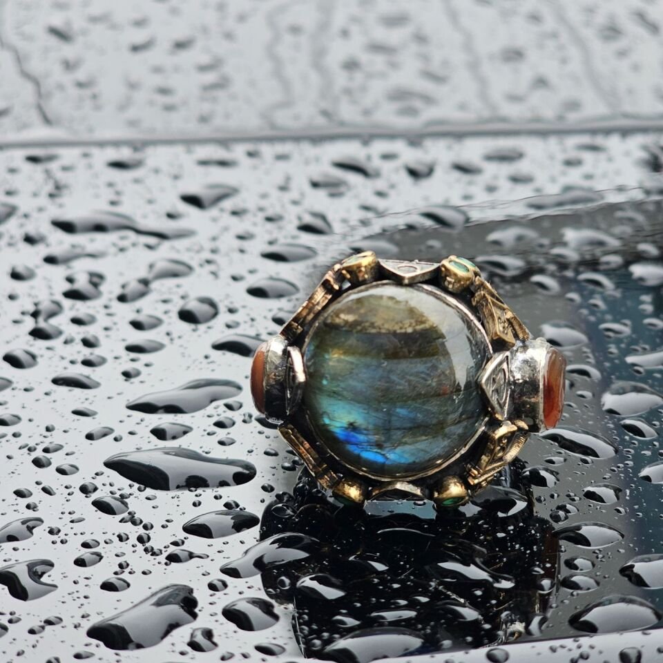 Orjinal Labradorit Taşlı Akik Taş işlemeli Usta işi Koleksiyoner 925 Ayar Erkek Gümüş Yüzük