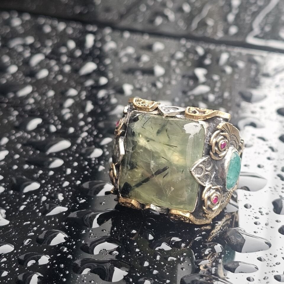 Orjinal Turmalin Taşlı Akik Taş işlemeli Usta işi Koleksiyoner 925 Ayar Erkek Gümüş Yüzük