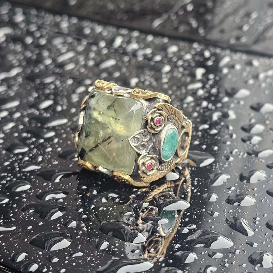 Orjinal Turmalin Taşlı Akik Taş işlemeli Usta işi Koleksiyoner 925 Ayar Erkek Gümüş Yüzük