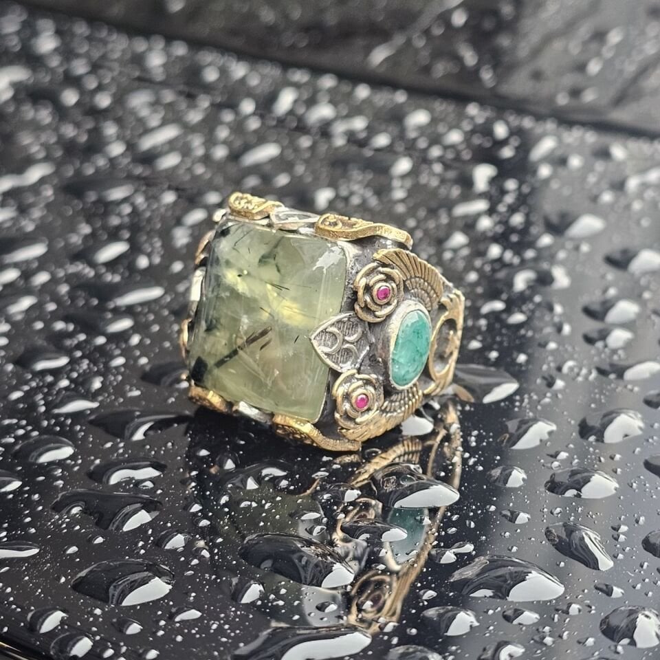 Orjinal Turmalin Taşlı Akik Taş işlemeli Usta işi Koleksiyoner 925 Ayar Erkek Gümüş Yüzük