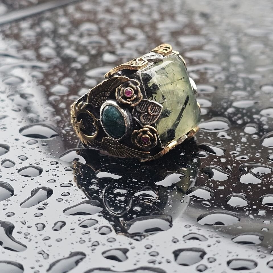 Orjinal Turmalin Taşlı Akik Taş işlemeli Usta işi Koleksiyoner 925 Ayar Erkek Gümüş Yüzük