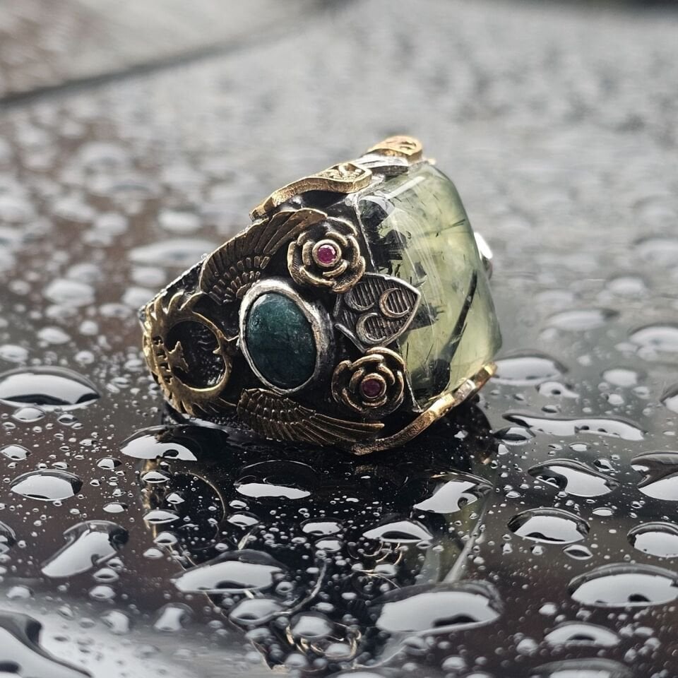 Orjinal Turmalin Taşlı Akik Taş işlemeli Usta işi Koleksiyoner 925 Ayar Erkek Gümüş Yüzük