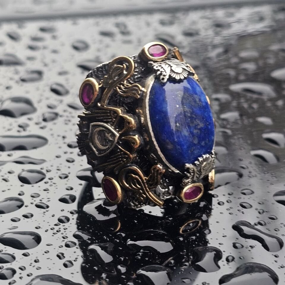 Orjinal Lapis Lazuli taşlı Usta işi Koleksiyoner 925 Ayar Erkek Gümüş Yüzük