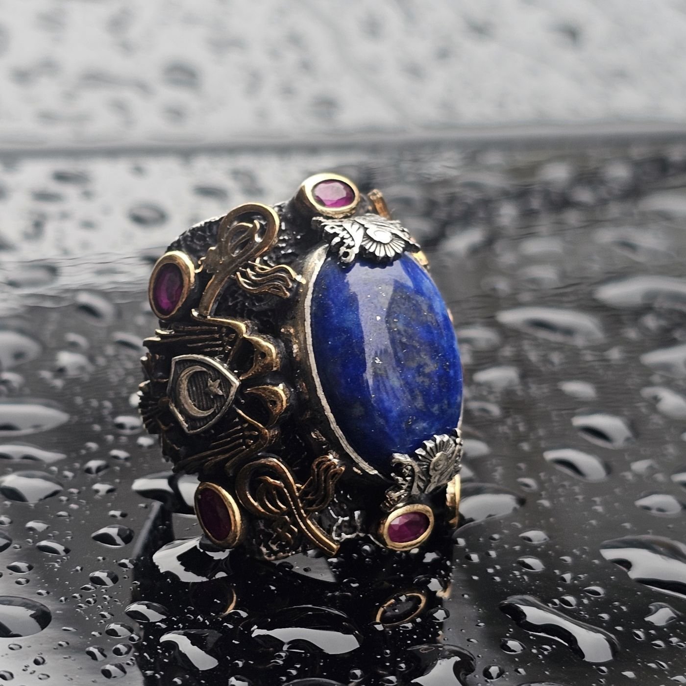 Orjinal Lapis Lazuli taşlı Usta işi Koleksiyoner 925 Ayar Erkek Gümüş Yüzük