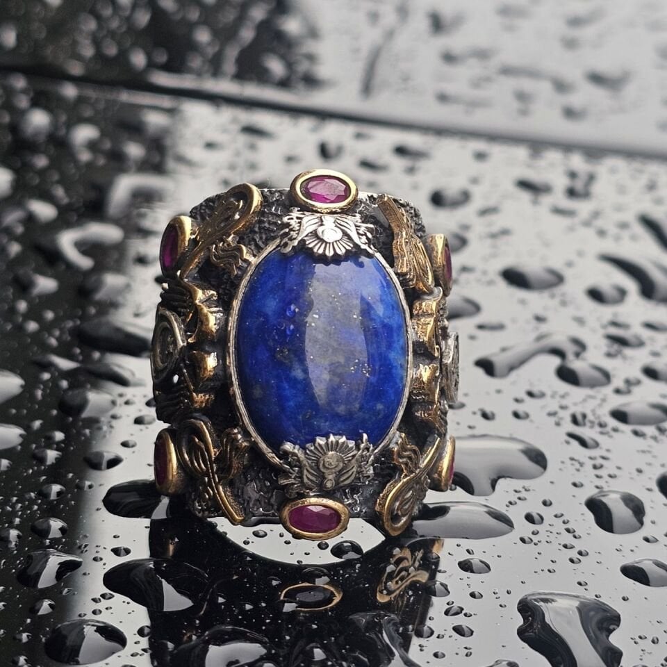 Orjinal Lapis Lazuli taşlı Usta işi Koleksiyoner 925 Ayar Erkek Gümüş Yüzük
