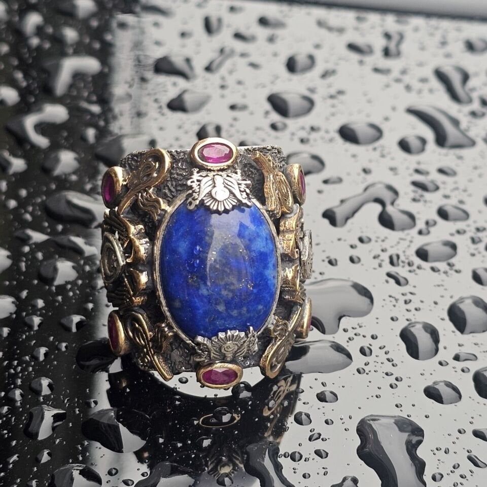Orjinal Lapis Lazuli taşlı Usta işi Koleksiyoner 925 Ayar Erkek Gümüş Yüzük