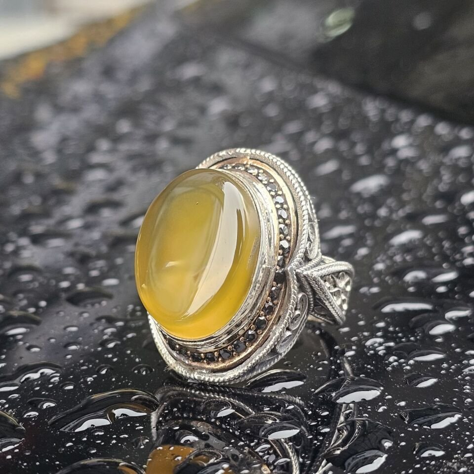 Orjinal Sarı Akik Taş işlemeli Usta işi  925 Ayar Erkek Gümüş Yüzük