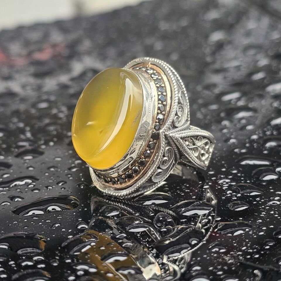 Orjinal Sarı Akik Taş işlemeli Usta işi  925 Ayar Erkek Gümüş Yüzük