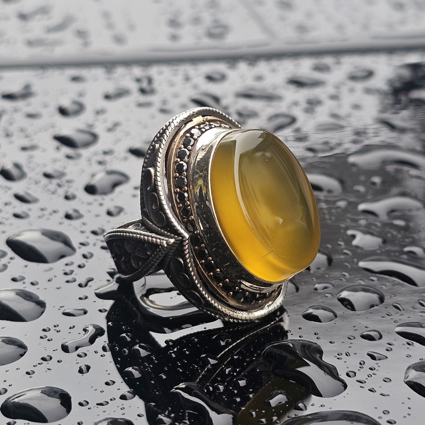 Orjinal Sarı Akik Taş işlemeli Usta işi  925 Ayar Erkek Gümüş Yüzük