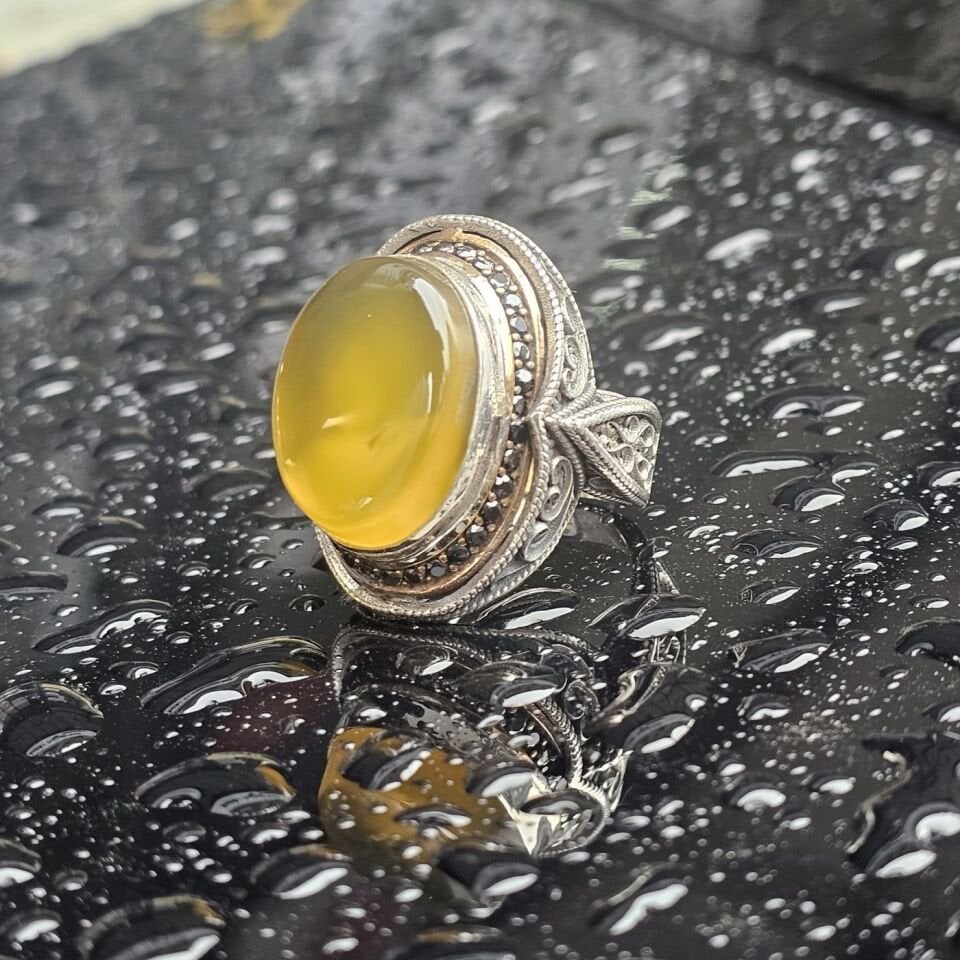 Orjinal Sarı Akik Taş işlemeli Usta işi  925 Ayar Erkek Gümüş Yüzük
