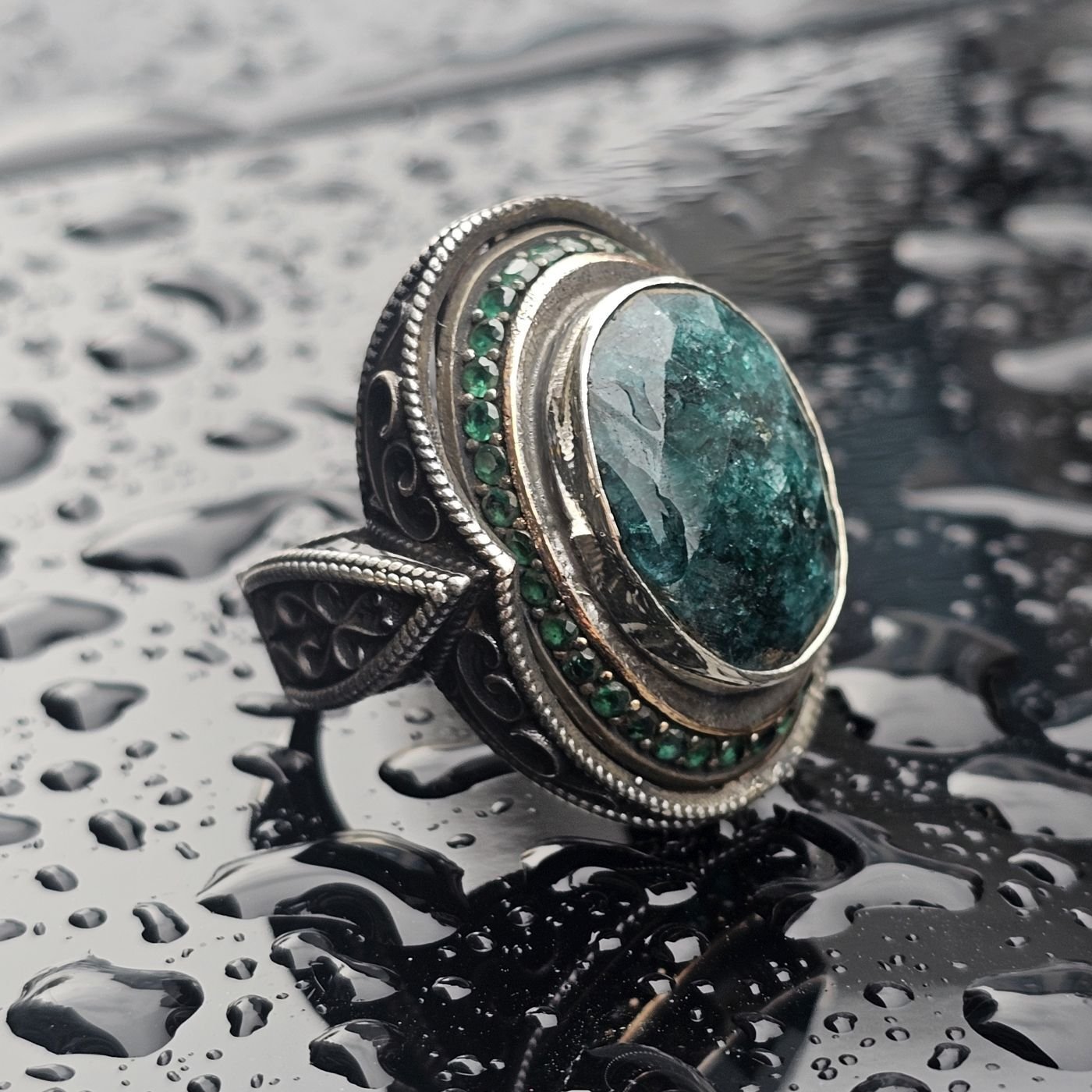 Orjinal Zümrüt Taş işlemeli Usta işi 925 Ayar Erkek Gümüş Yüzük