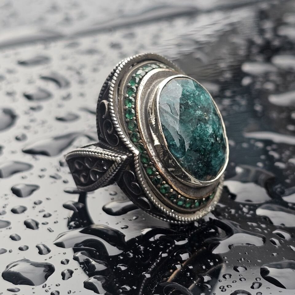 Orjinal Zümrüt Taş işlemeli Usta işi 925 Ayar Erkek Gümüş Yüzük