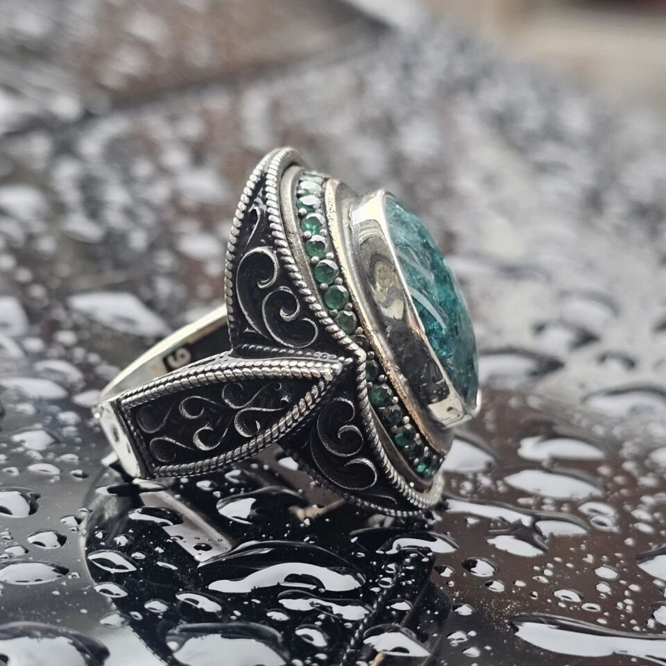 Orjinal Zümrüt Taş işlemeli Usta işi 925 Ayar Erkek Gümüş Yüzük