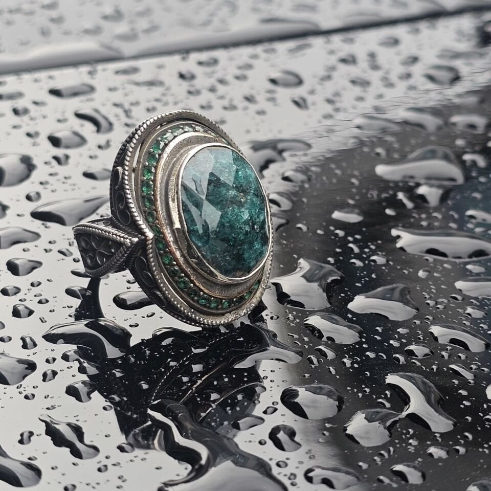 Orjinal Zümrüt Taş işlemeli Usta işi 925 Ayar Erkek Gümüş Yüzük