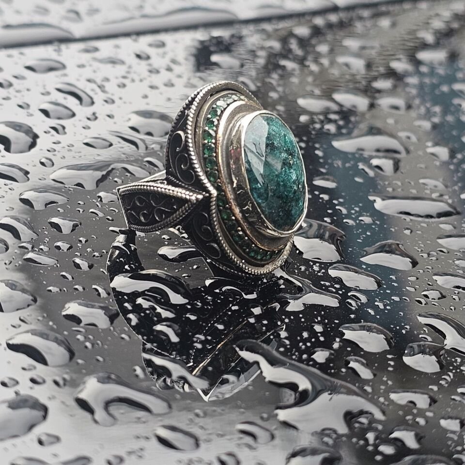 Orjinal Zümrüt Taş işlemeli Usta işi 925 Ayar Erkek Gümüş Yüzük