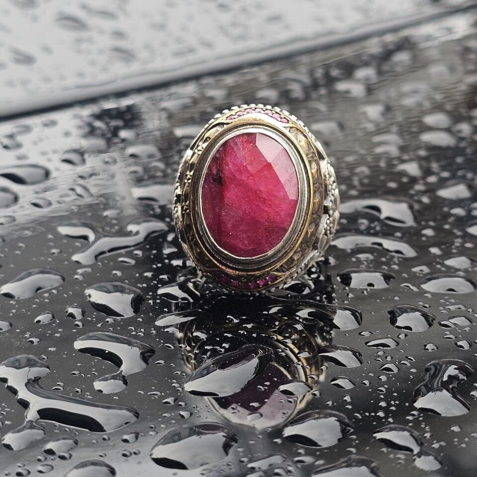 Orjinal Yakut Taş işlemeli Usta işi 925 Ayar Erkek Gümüş Yüzük