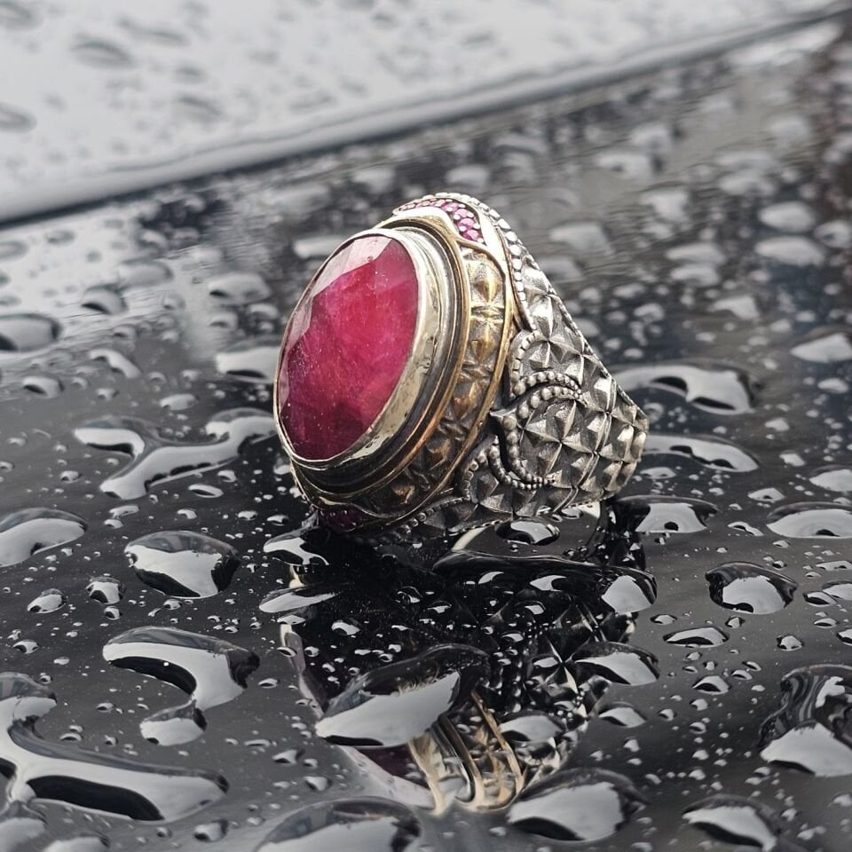 Orjinal Yakut Taş işlemeli Usta işi 925 Ayar Erkek Gümüş Yüzük