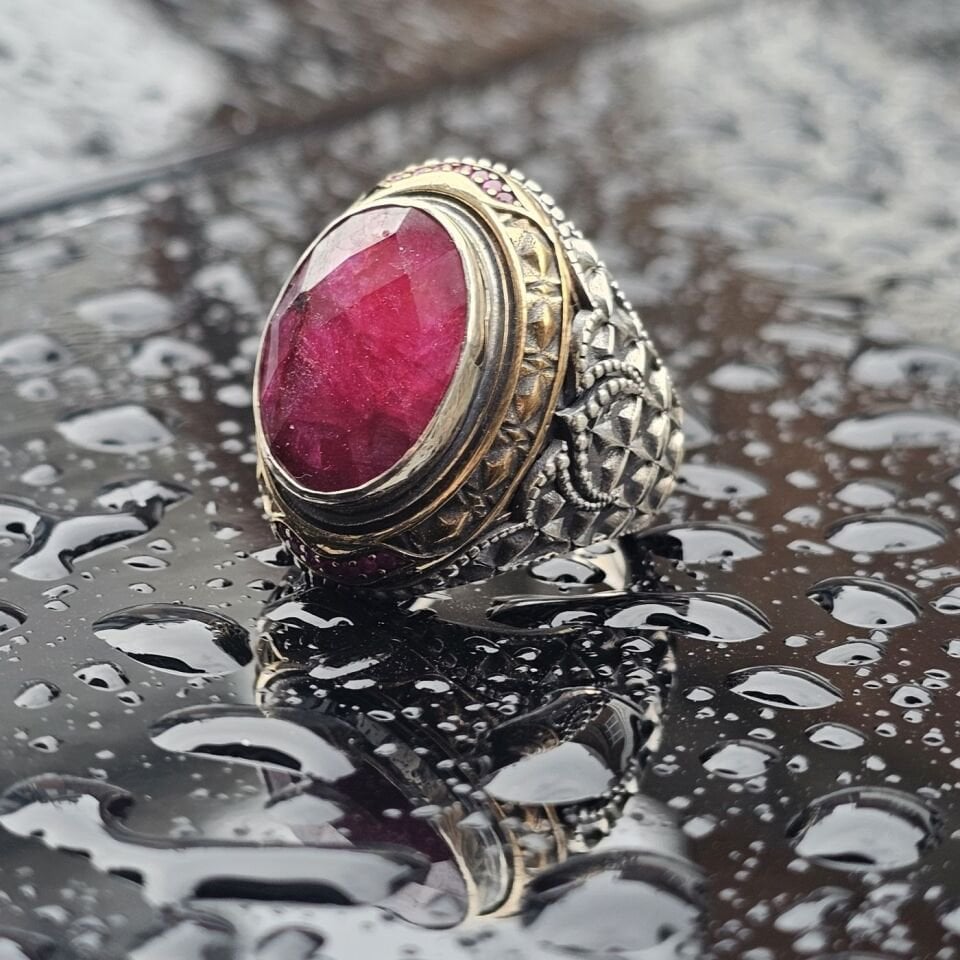 Orjinal Yakut Taş işlemeli Usta işi 925 Ayar Erkek Gümüş Yüzük